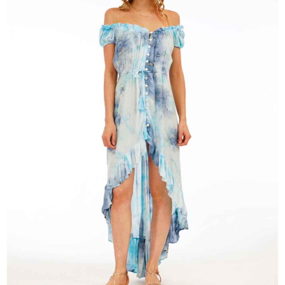 Tiare Hawaii Blue and White Off-Shoulder High-Low Dress